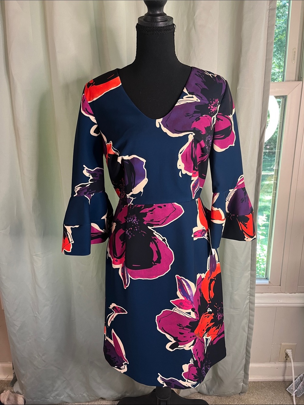 Trina Turk Floral Bell-Sleeve Dress in Navy with Fuchsia and Purple Blooms